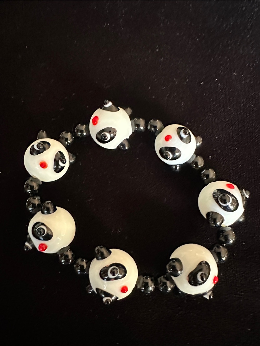 Handcrafted Panda Bead Stretch Bracelet - White & Black with Red Accents